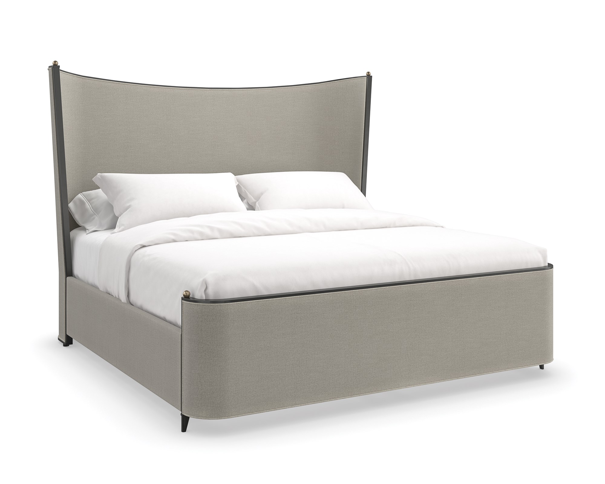 Caracole Provence King Bed featuring a fully upholstered frame in warm gray fabric resembling Belgian linen, complemented by an exposed wood frame and tapered metal legs in Craftsman Bronze Paint, accented with decorative brushed gold balls.