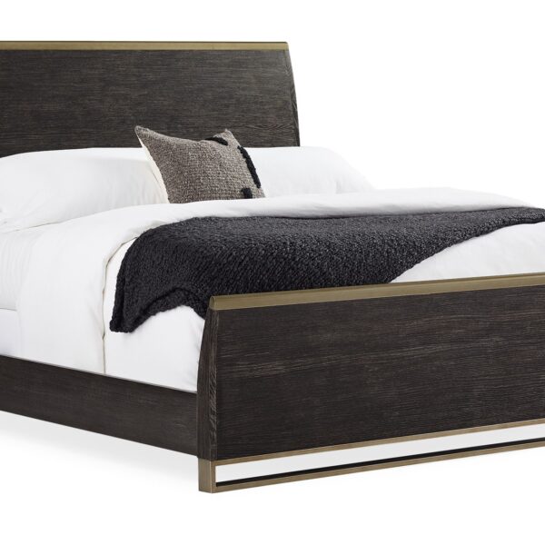 Caracole ReMix Wood King Bed featuring a Cerused Oak frame with a slightly curved profile, accented by Bronze Gold Metal rails outlining the top of the headboard and footboard, and a geometric bottom frame.