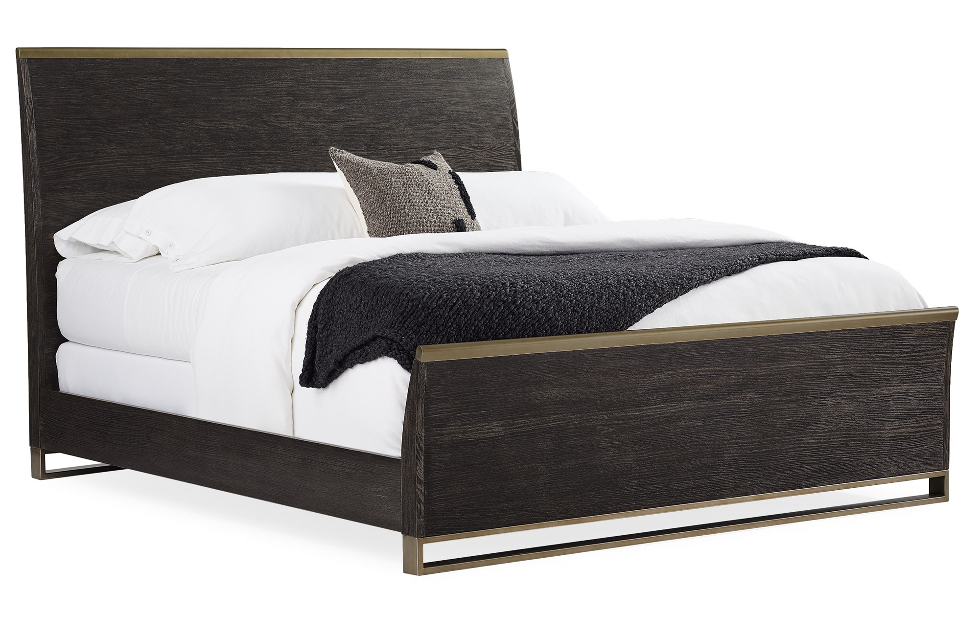 Caracole ReMix Wood King Bed featuring a Cerused Oak frame with a slightly curved profile, accented by Bronze Gold Metal rails outlining the top of the headboard and footboard, and a geometric bottom frame.