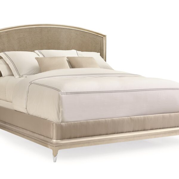 Caracole Rise To The Occasion King Bed featuring a gracefully curved headboard outlined with a metal inlay, crafted from Silver Curly Maple veneers in a Soft Silver Leaf finish, complemented by a Moonlit Sand frame and Lightly Brushed Chrome metal ferrules on the legs.