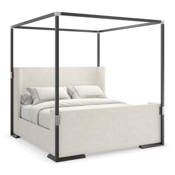 Caracole Shelter Me King Bed Canopy featuring a clean-lined frame finished in Almost Black, complemented by decorative Brushed Stainless textured brackets on the footboard, designed to pair with the CLA-423-25 King Bed.