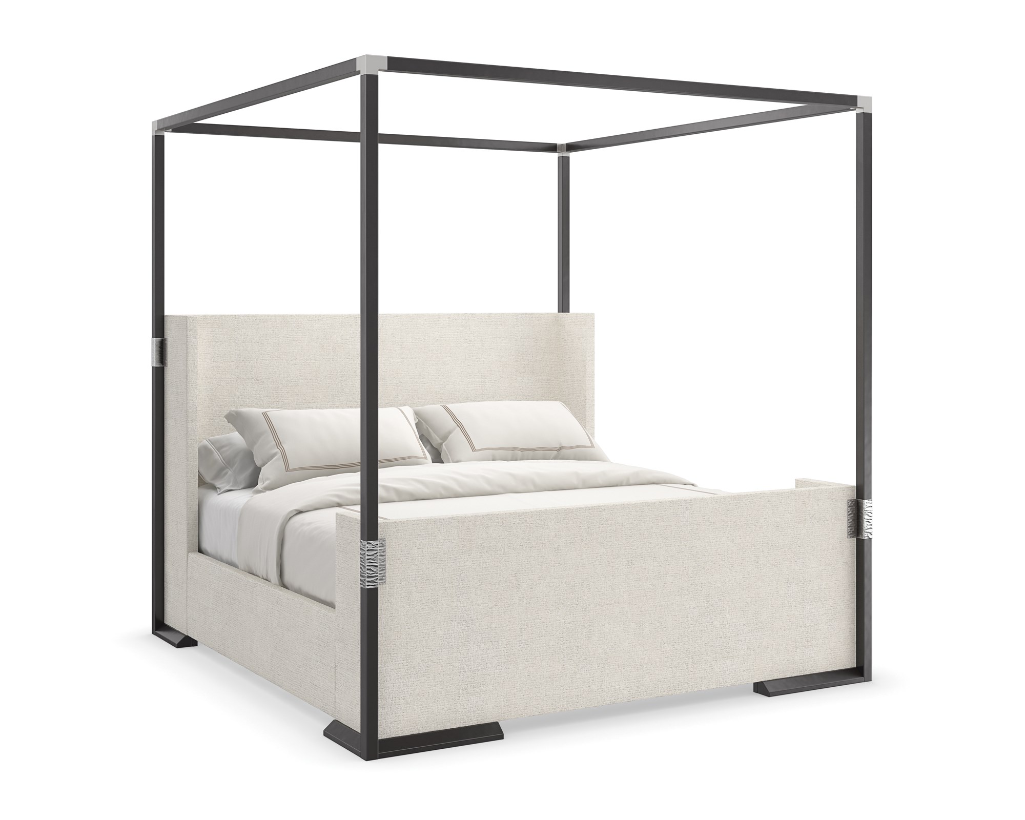 Caracole Shelter Me King Bed Canopy featuring a clean-lined frame finished in Almost Black, complemented by decorative Brushed Stainless textured brackets on the footboard, designed to pair with the CLA-423-25 King Bed.