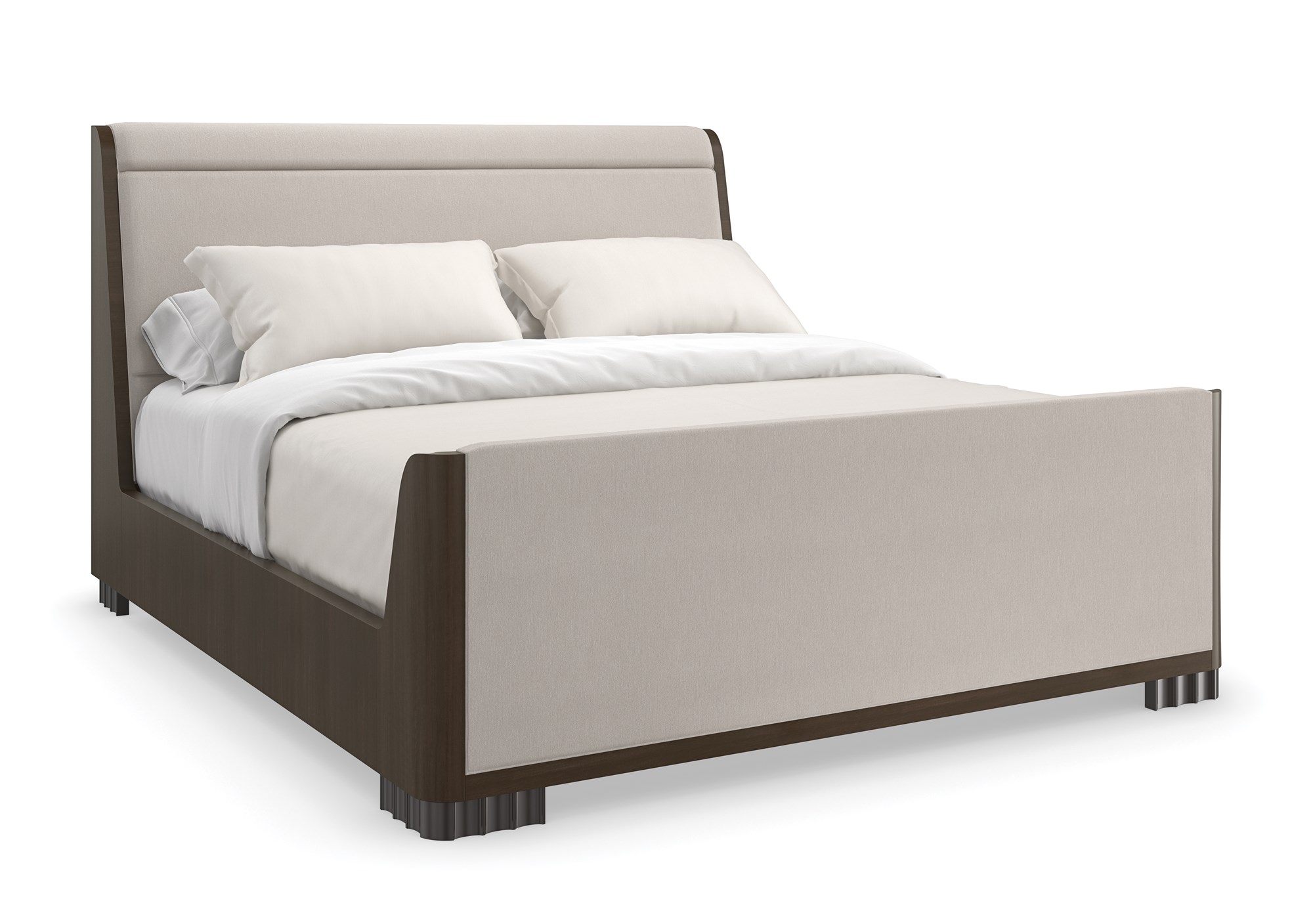 Caracole Slow Wave King Bed featuring a canted upholstered headboard and clean-lined footboard in faux slub silk, complemented by an Otter-finished footboard and side rails, and fluted Dark Chocolate legs.
