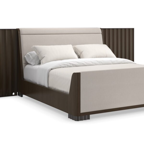Caracole SLOW WAVE Qn/kg Bed Wing Panels, featuring a uniquely shaped headboard with elegant curves and integrated side panels that wrap around the mattress.
