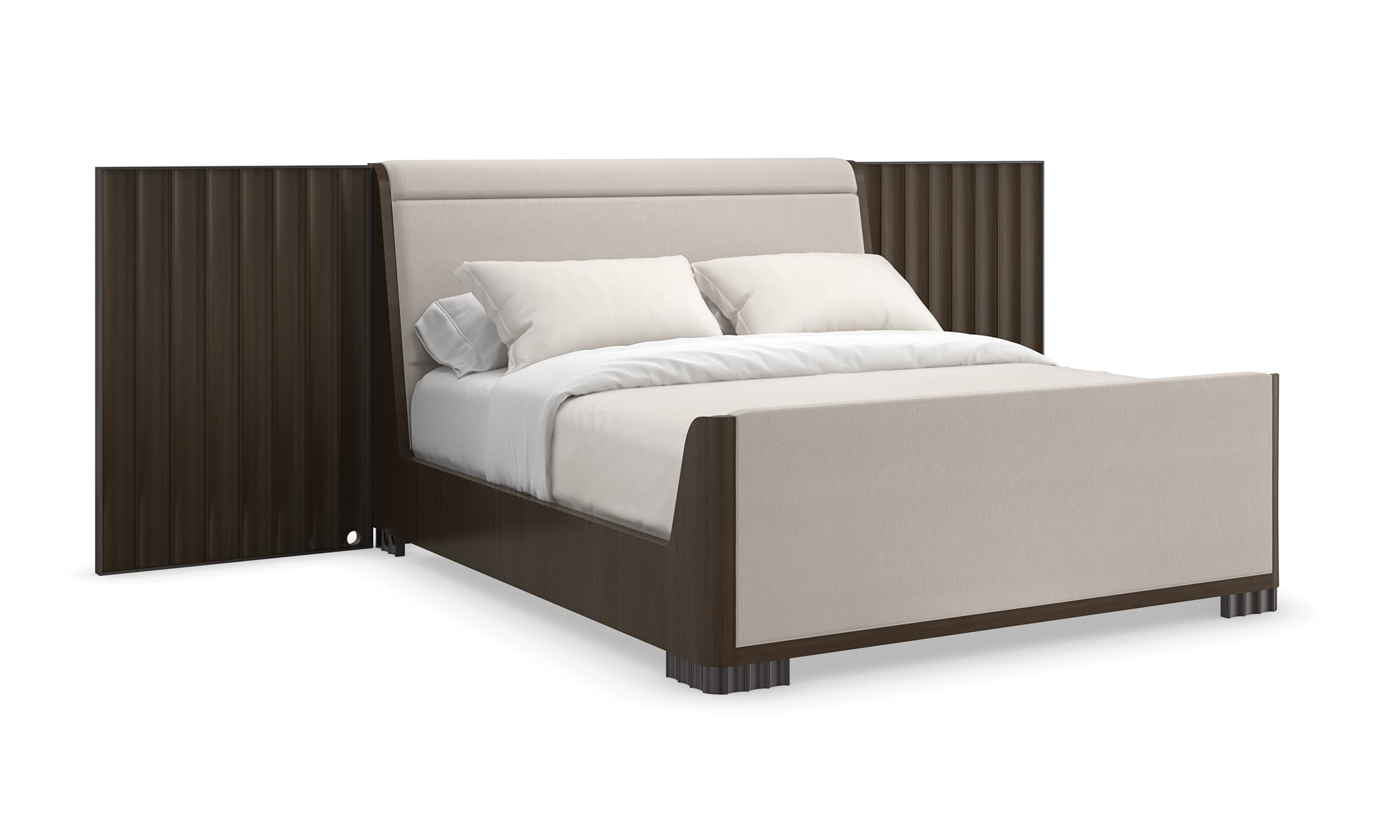 Caracole SLOW WAVE Qn/kg Bed Wing Panels, featuring a uniquely shaped headboard with elegant curves and integrated side panels that wrap around the mattress.