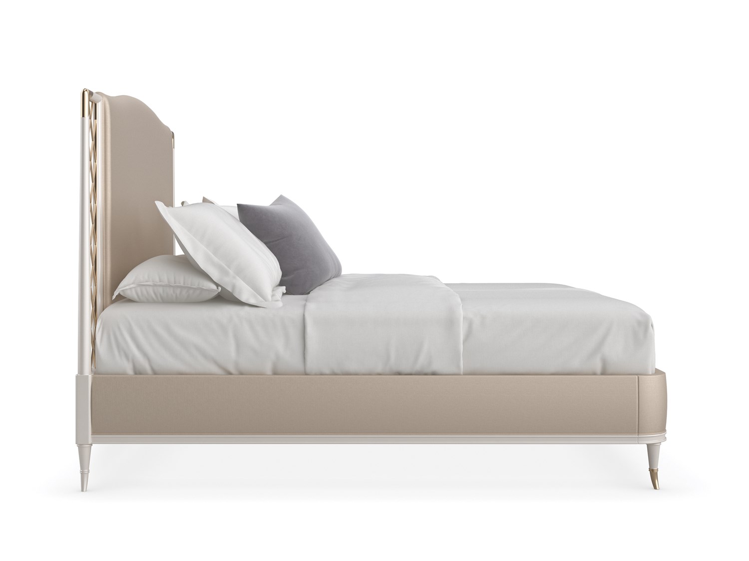 Glamorous king bed with a tall, deeply tufted headboard and mirrored or metallic accents, STAR OF THE NIGHT-King by Caracole.