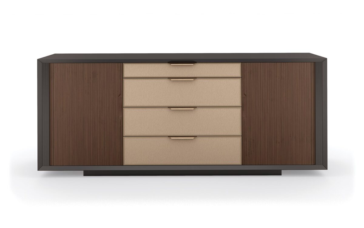 Contemporary ALL WRAPPED UP chest by Caracole, showcasing its clean lines and a subtle metallic trim or base that complements its wrapped exterior.