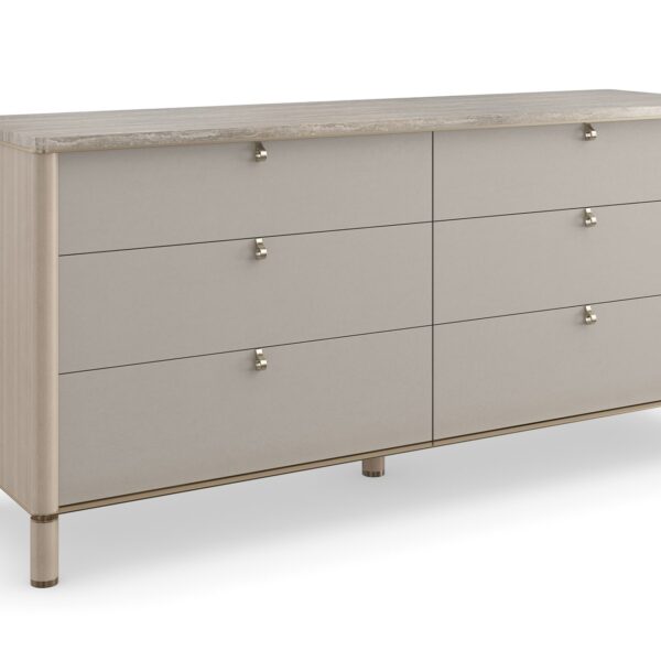 Modern dresser with a travertine stone top, light-toned drawers, and a bronze metallic base, BALANCE Dresser by Caracole.
