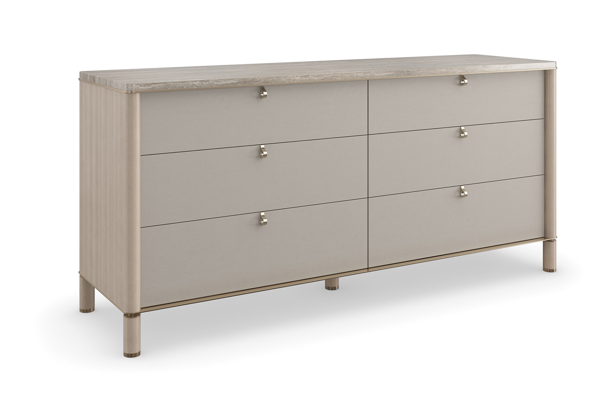 Modern dresser with a travertine stone top, light-toned drawers, and a bronze metallic base, BALANCE Dresser by Caracole.