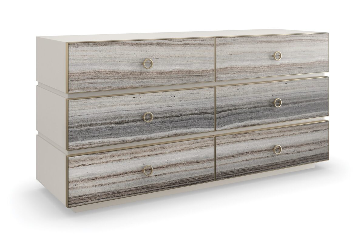 Modern dresser with a textured, layered facade and a sleek, low-profile design, BEDROCK Dresser by Caracole.