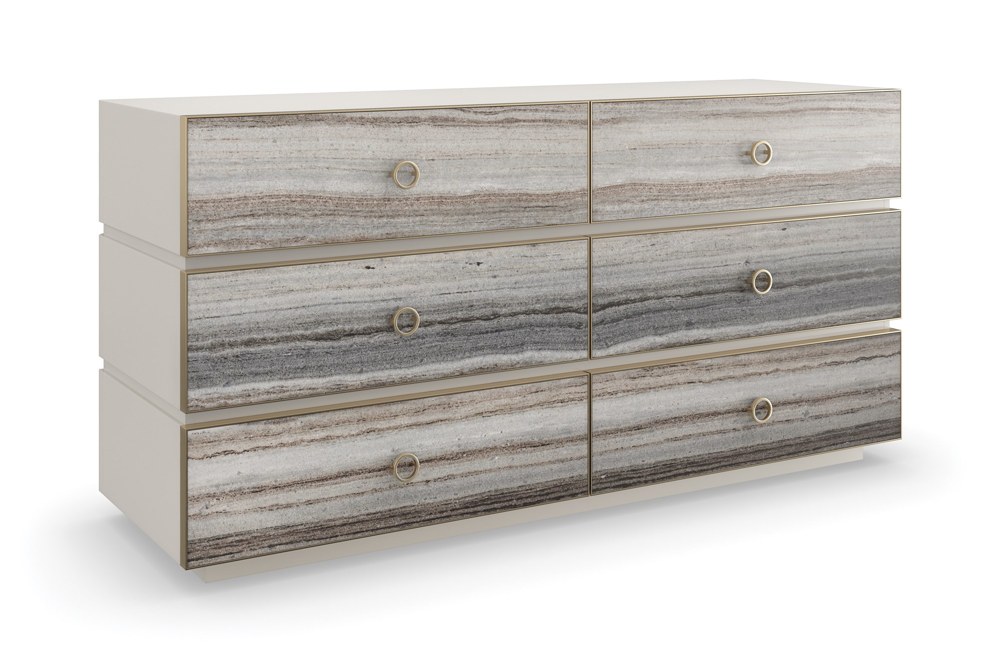 Modern dresser with a textured, layered facade and a sleek, low-profile design, BEDROCK Dresser by Caracole.
