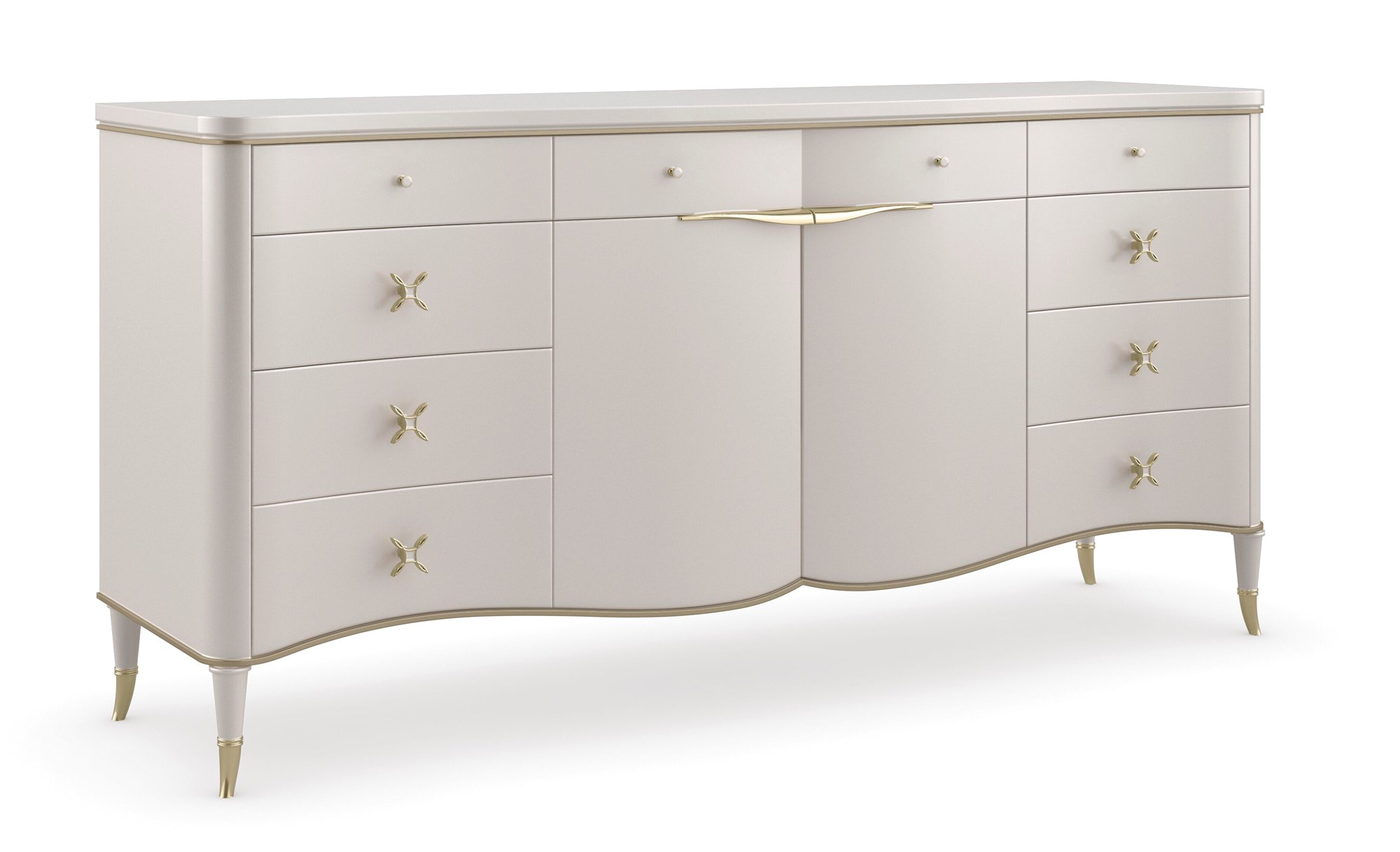 Caracole BELLE OF THE BALL dining table, featuring a spectacular, sculpted base of intertwined forms, often in a metallic or high-gloss finish.