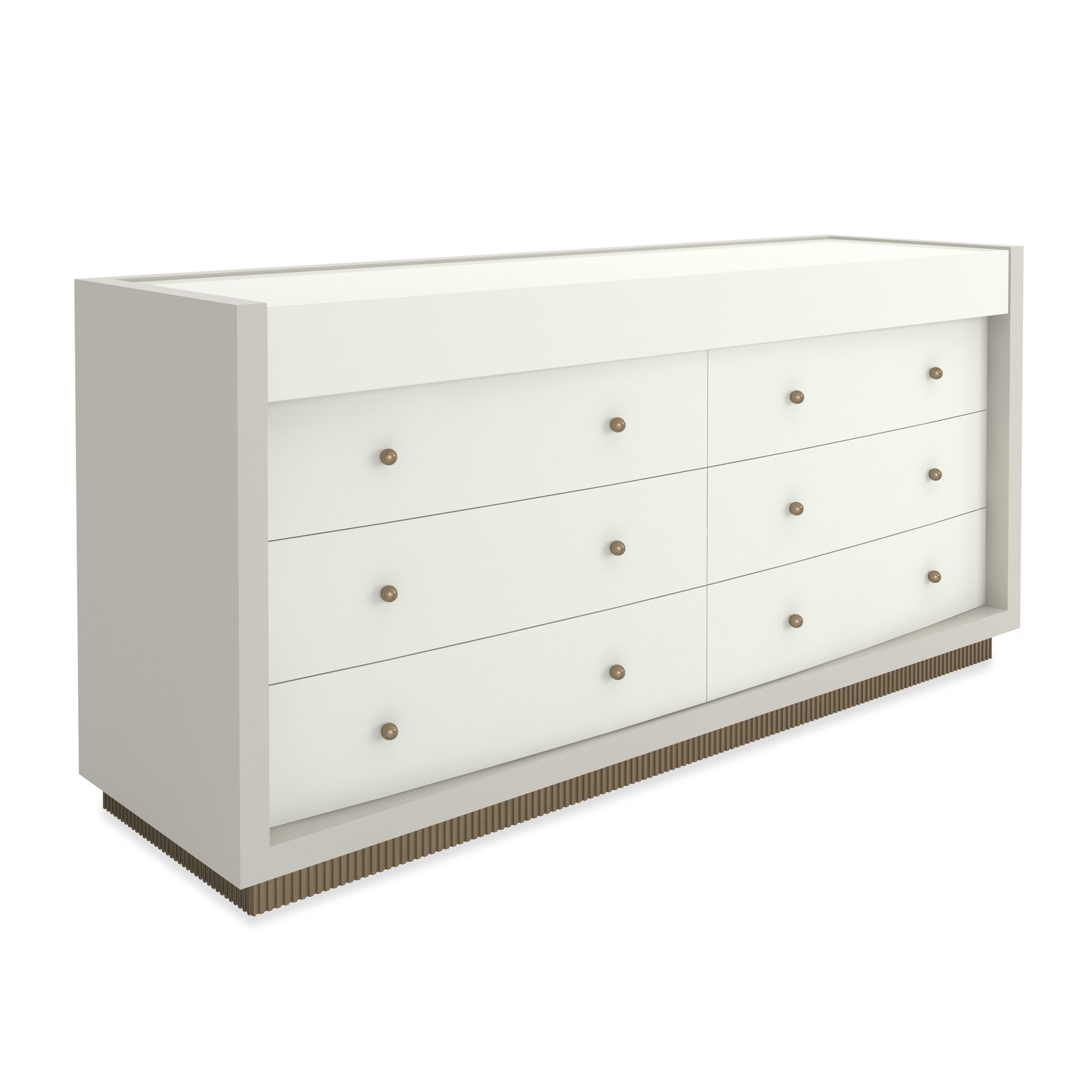 Calais eight‑drawer dresser in Almond Milk and Rockport Grey Adobe finish with brushed gold ball‑pull hardware.