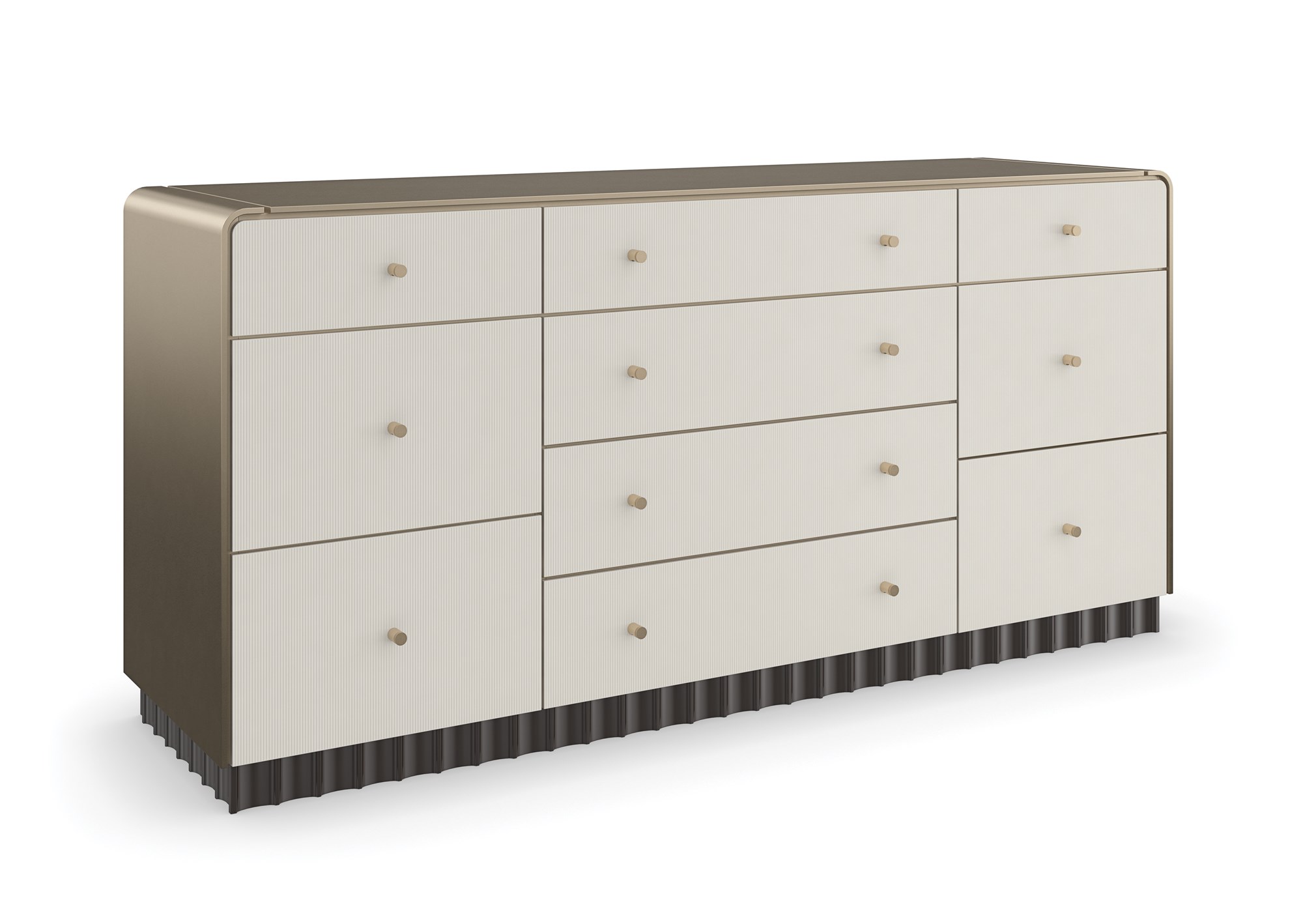 Caracole Circadian Dresser – Neoclassical-inspired 10-drawer dresser featuring micro-fluted ivory drawer fronts, a waterfall top in Whisper of Gold paint, and a contrasting Dark Chocolate scalloped base.