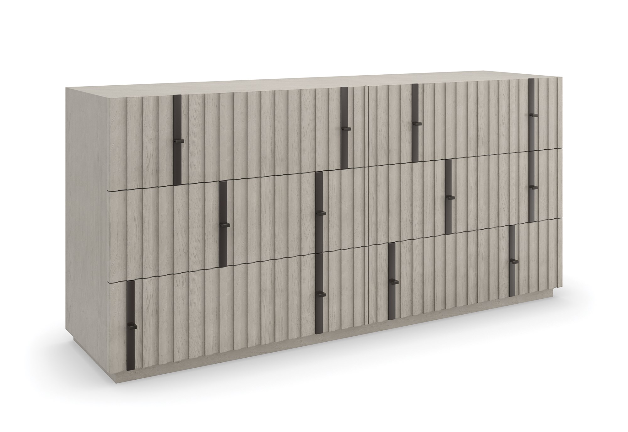 Angled shot of the Clancy Dresser showing its depth and slatted drawer fronts continuing around the side panel, contrasting the oak grain against matte-black hardware.