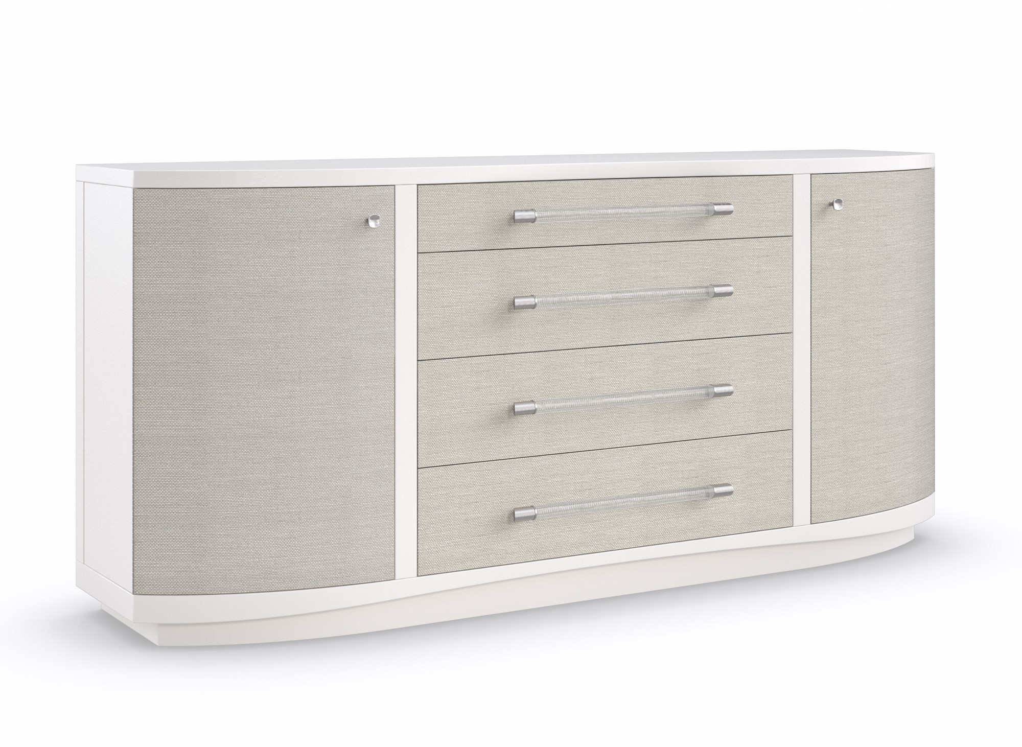 Angled shot showing the dresser’s rounded ends and seamless transition from ash veneer case to woven raffia drawer fronts.