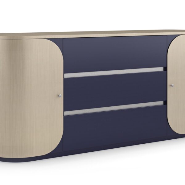 Da Vita Dresser by Caracole with three center drawers in Prussian Blue and curved side doors in Thunder finish, featuring a soft oval silhouette and sleek modern design.