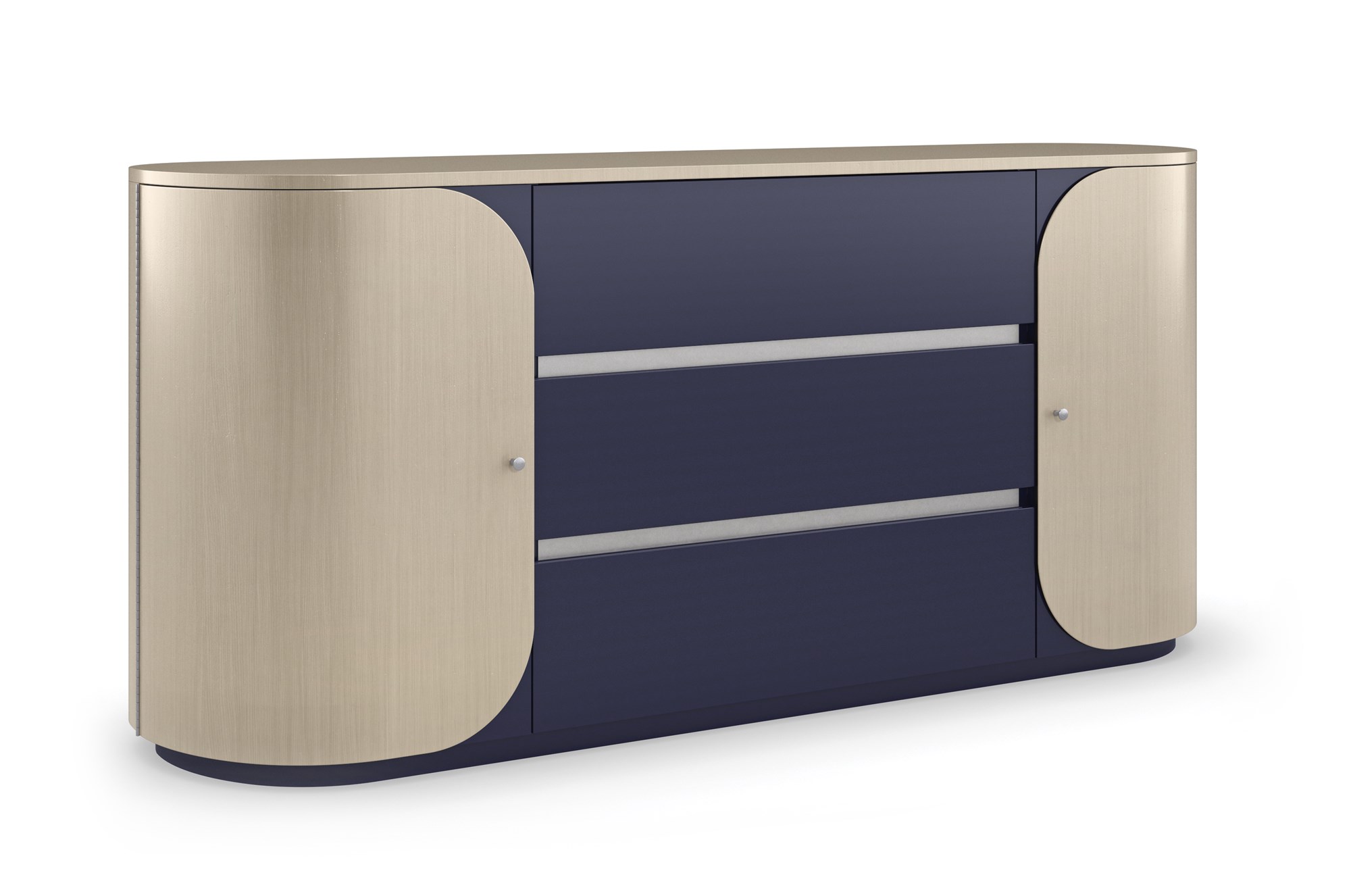 Da Vita Dresser by Caracole with three center drawers in Prussian Blue and curved side doors in Thunder finish, featuring a soft oval silhouette and sleek modern design.