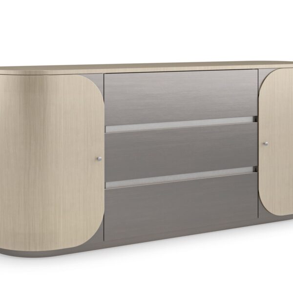 Vita Duo Dresser by Caracole—a sleek oval dresser with dual-tone Smoked Stainless Steel finish, featuring two curved doors with subtle wood grain and three central drawers for a modern minimalist aesthetic.