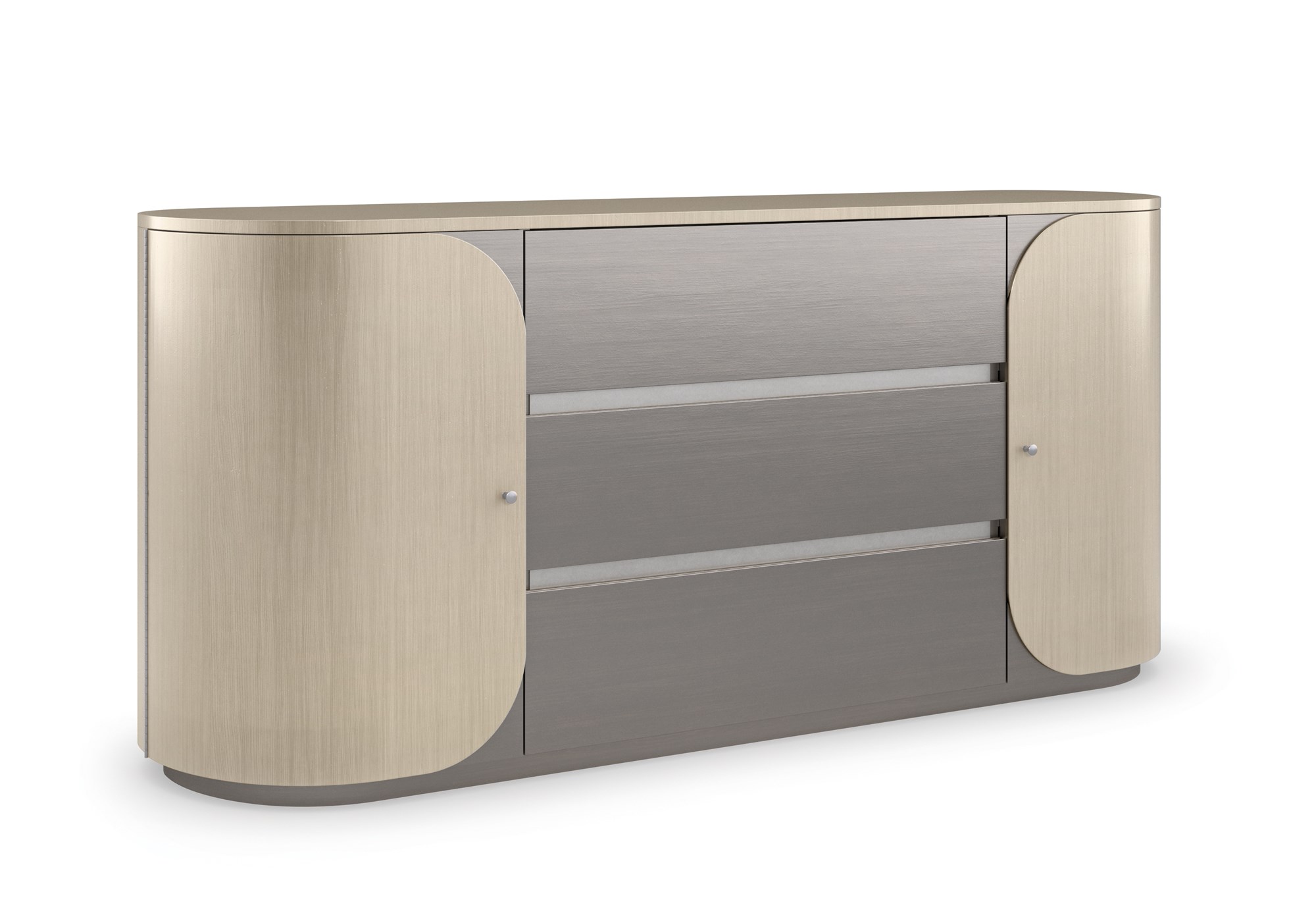 Vita Duo Dresser by Caracole—a sleek oval dresser with dual-tone Smoked Stainless Steel finish, featuring two curved doors with subtle wood grain and three central drawers for a modern minimalist aesthetic.