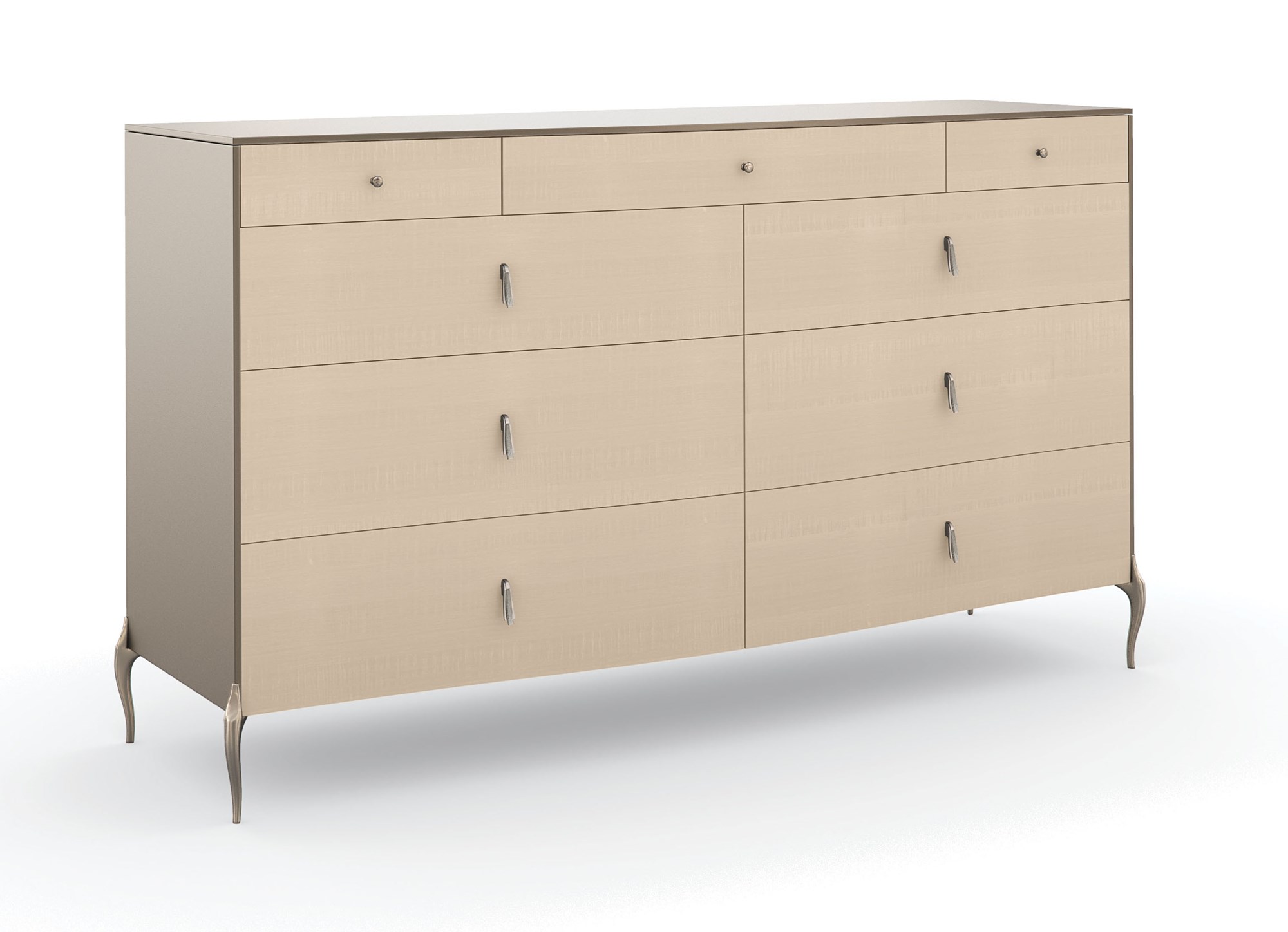 Dress to Impress Dresser by Caracole — a 62″ wide nine‑drawer dresser in soft‑silver painted Asian hardwood case, with vanilla‑cream figured‑sycamore drawer fronts, elongated Art‑Deco style metal pulls, a gently curved top, ornate silver‑toned legs, and two felt‑lined top drawers.