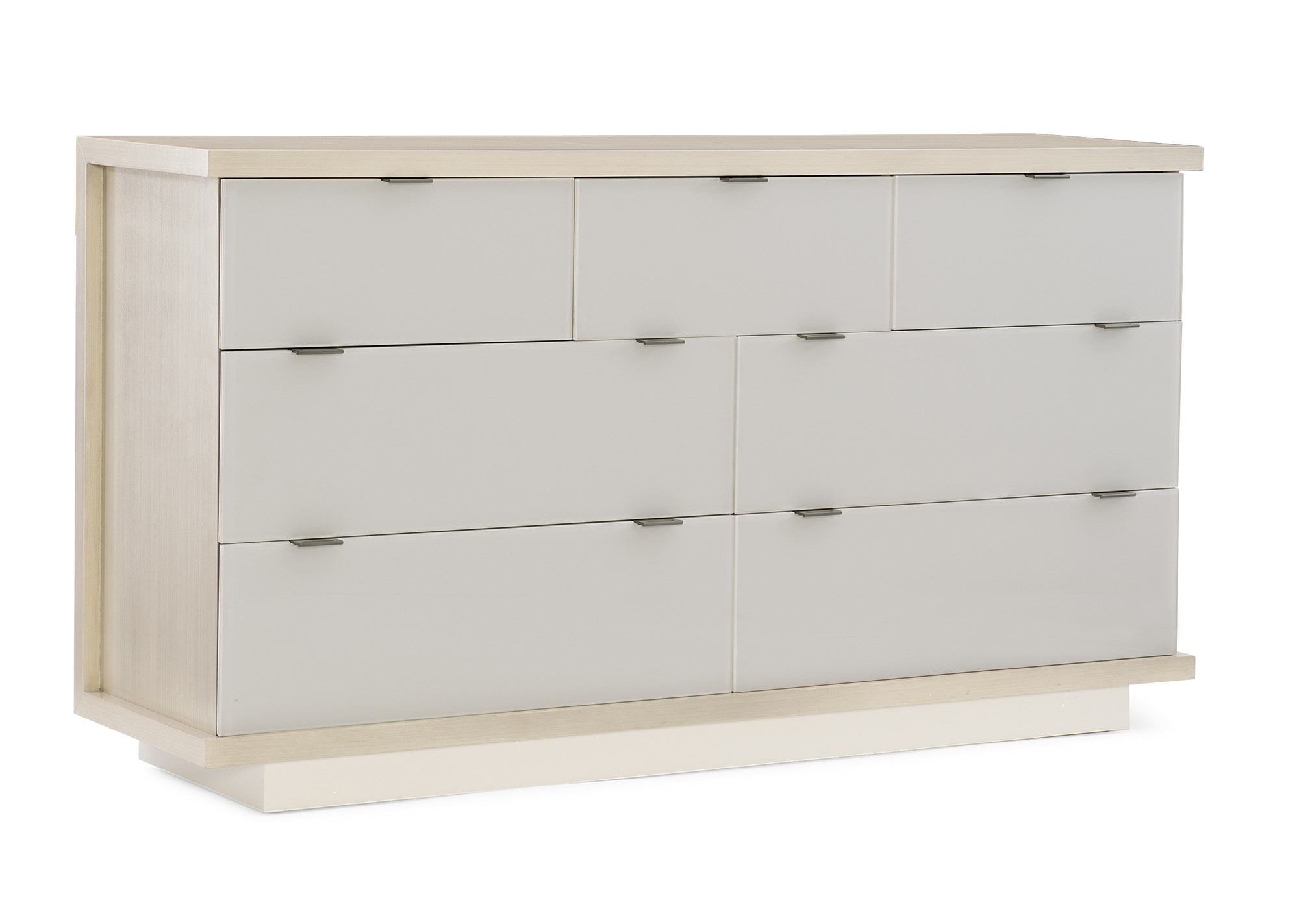 Expressions Dresser by Caracole — a 66″‑wide contemporary dresser with seven back‑painted glass drawer fronts in delicate gray, set within an ash‑taupe hardwood case, featuring notched-tab pulls, soft‑close undermount guides, a low plinth base, and USB ports integrated on both sides.
