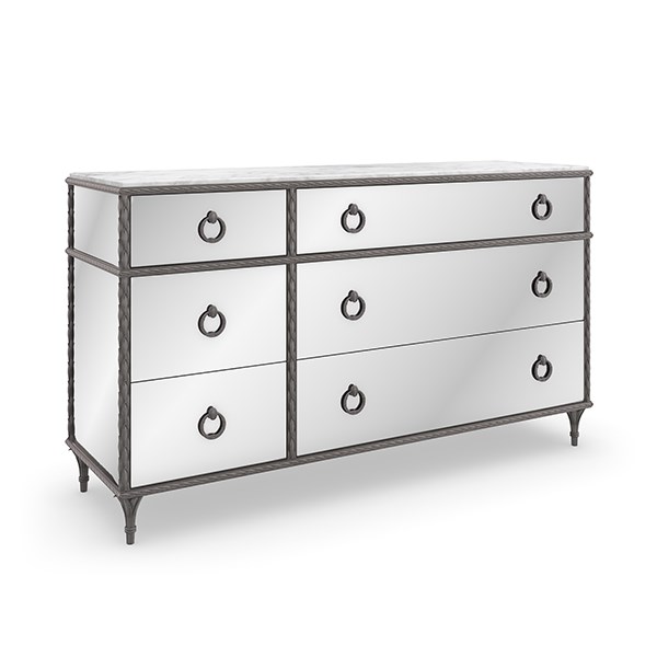 Fontainebleau triple dresser by Caracole — a serpentine‑front dresser with nine drawers crafted from Cendre-finished flat-cut walnut and trimmed in Champagne Mist, featuring carved cabriole legs, custom ring pulls with vintage cameo details, and a softly scalloped silhouette.