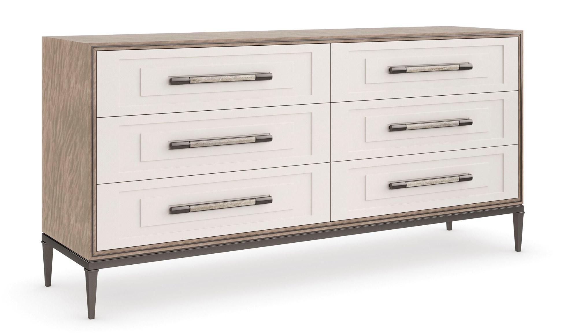 Impressive Dresser by Caracole — a 72″‑wide transitional dresser in Mountain Smoke–finished silver Curupixa veneer, with six stepped Pearly White drawer fronts trimmed in deep bronze metal, featuring jewelry‑style ceramic‑inlay hardware, soft‑close undermount guides, and a coordinating deep bronze metal base.