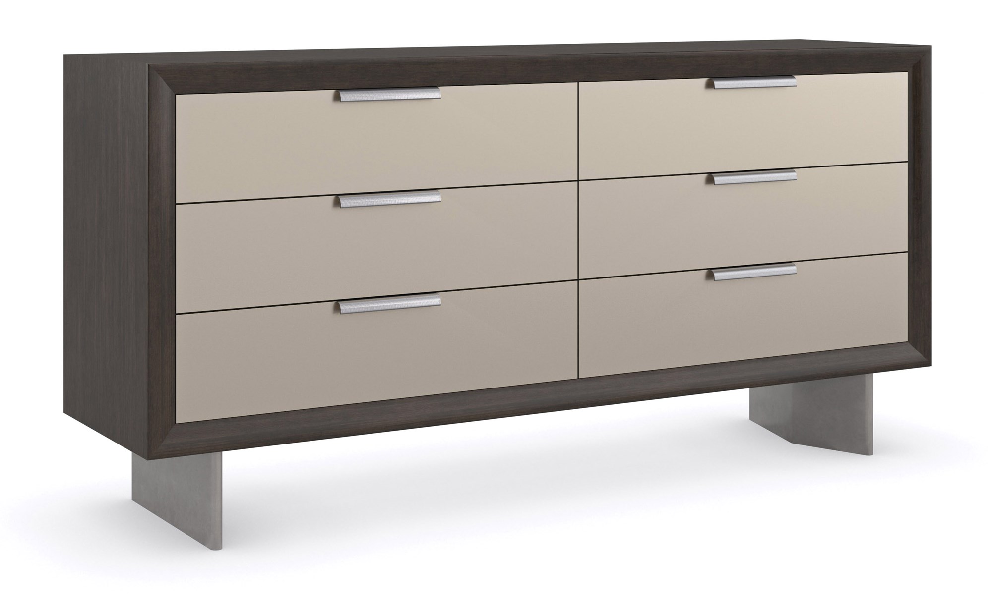 Fashion Dresser by Caracole — a curving six-drawer dresser in lustrous gold-leaf finish, topped with a mirrored bronze surface and slender tapered legs; each drawer features jewelry-like ring pulls and undermount soft-close operation.