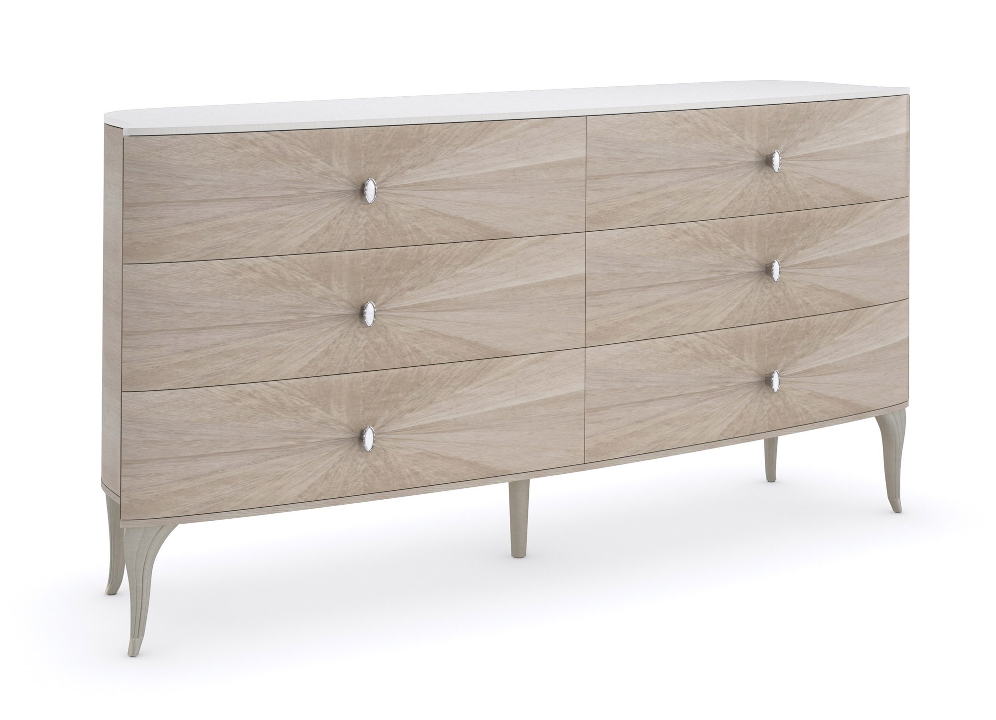 LILLIAN double dresser by Caracole — a 75″ wide glam dresser with six soft‑close drawers featuring radiating sunburst-patterned koto veneer in Stone Manor finish, accented by Art Deco ceramic-inset ring pulls, carved cabriole legs in shimmering Soft Radiance paint, and a contrasting Ivory Wash top.