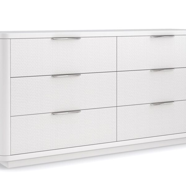 Loving Touch Dresser by Caracole — a 64″‑wide six‑drawer dresser in Cloud White finish, with gently rounded edges, carved drawer fronts featuring a woven mini‑tile motif, clean finger‑cup pulls, and undermount soft‑close guides.