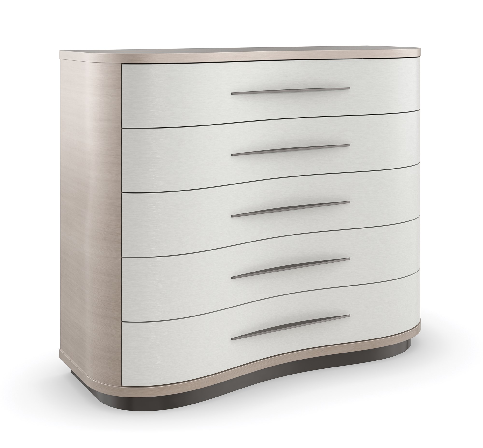 Meandrous Dresser by Caracole — a 50″‑wide organically curved dresser with five vinyl‑wrapped drawers in pearlescent Moonstone finish, set in a subtle Seal Skin‑tone plinth base; features horizontal bronze-tone handles, soft‑close undermount guides, painted interiors, a radial‑pattern Koto veneer top, and a removable jewel tray in the top drawer.