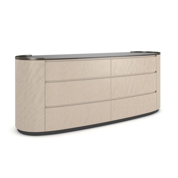 Muse Dresser by Caracole — a 79½″‑wide oval double dresser combining Nebulous‑finish Curupixa wood with a Dark Chocolate base, featuring six softly curved soft‑close drawers with grooved finger pulls, two end‑panel doors concealing jewelry and tie storage, topped with a Smoked Bronze mirrored surface framed in Deep Bronze metal.