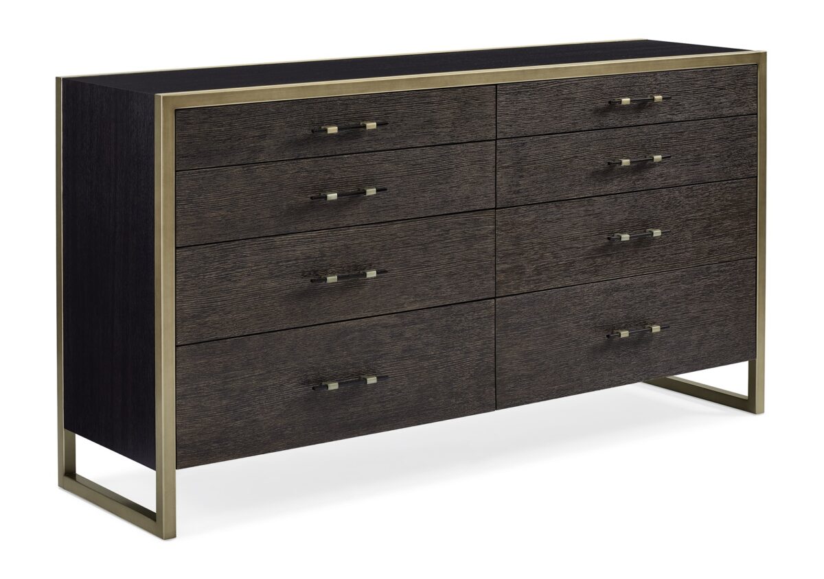 ReMix Double Dresser by Caracole — a 66″‑wide double dresser with eight soft‑close drawers; case and interior in black‑stained ash, drawer fronts in cerused oak, accented with a slim bronze‑gold metal frame and matching bronze‑painted trim, including a top‑left drawer with removable dividers.