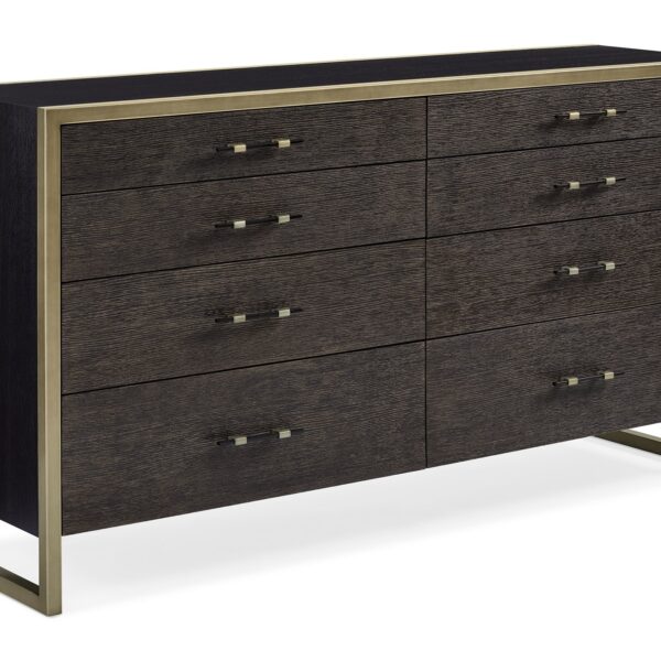 ReMix Double Dresser by Caracole — a 66″‑wide double dresser with eight soft‑close drawers; case and interior in black‑stained ash, drawer fronts in cerused oak, accented with a slim bronze‑gold metal frame and matching bronze‑painted trim, including a top‑left drawer with removable dividers.
