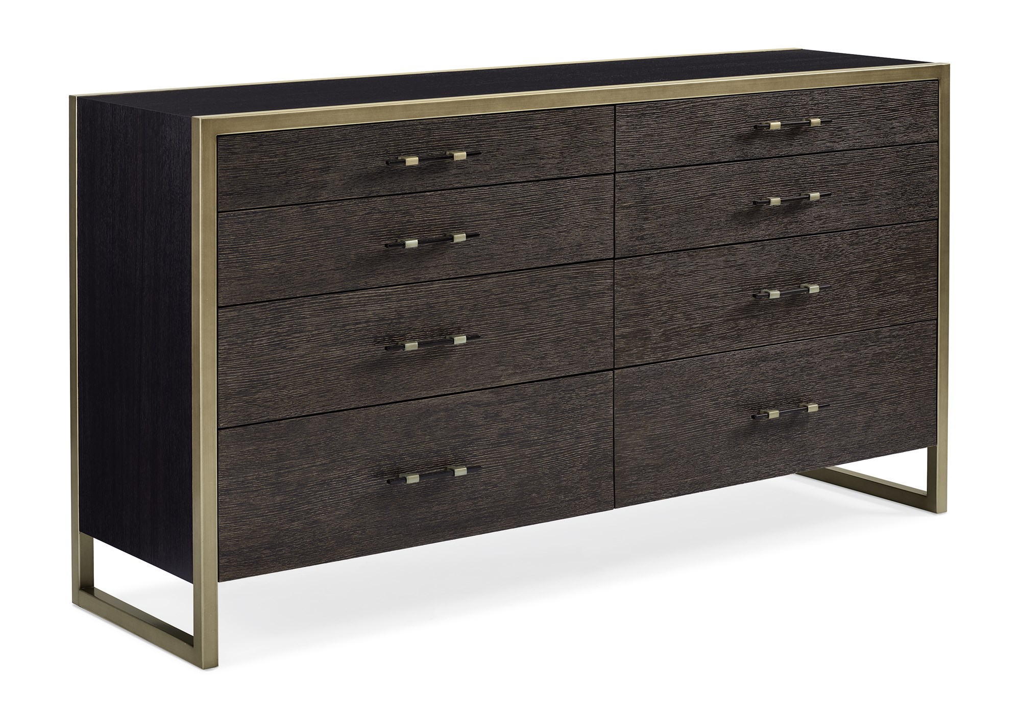ReMix Double Dresser by Caracole — a 66″‑wide double dresser with eight soft‑close drawers; case and interior in black‑stained ash, drawer fronts in cerused oak, accented with a slim bronze‑gold metal frame and matching bronze‑painted trim, including a top‑left drawer with removable dividers.