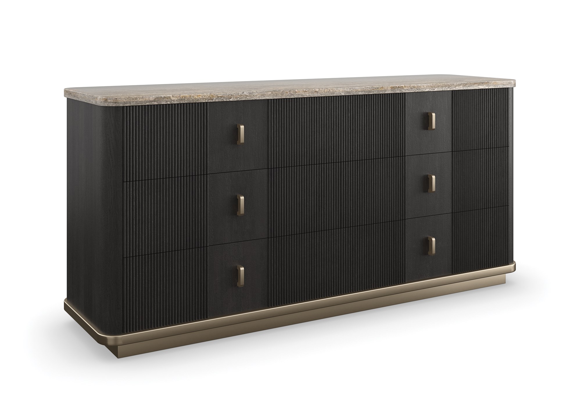 Rhythm Dresser by Caracole — a 69½″ wide six-drawer dresser featuring tactile reeded drawer fronts in Sun Drenched Oak finish, topped with creamy Travertine stone and set on a low neutral‑metal plinth, with rounded corners, bronze bar pulls, and soft‑close undermount guides.