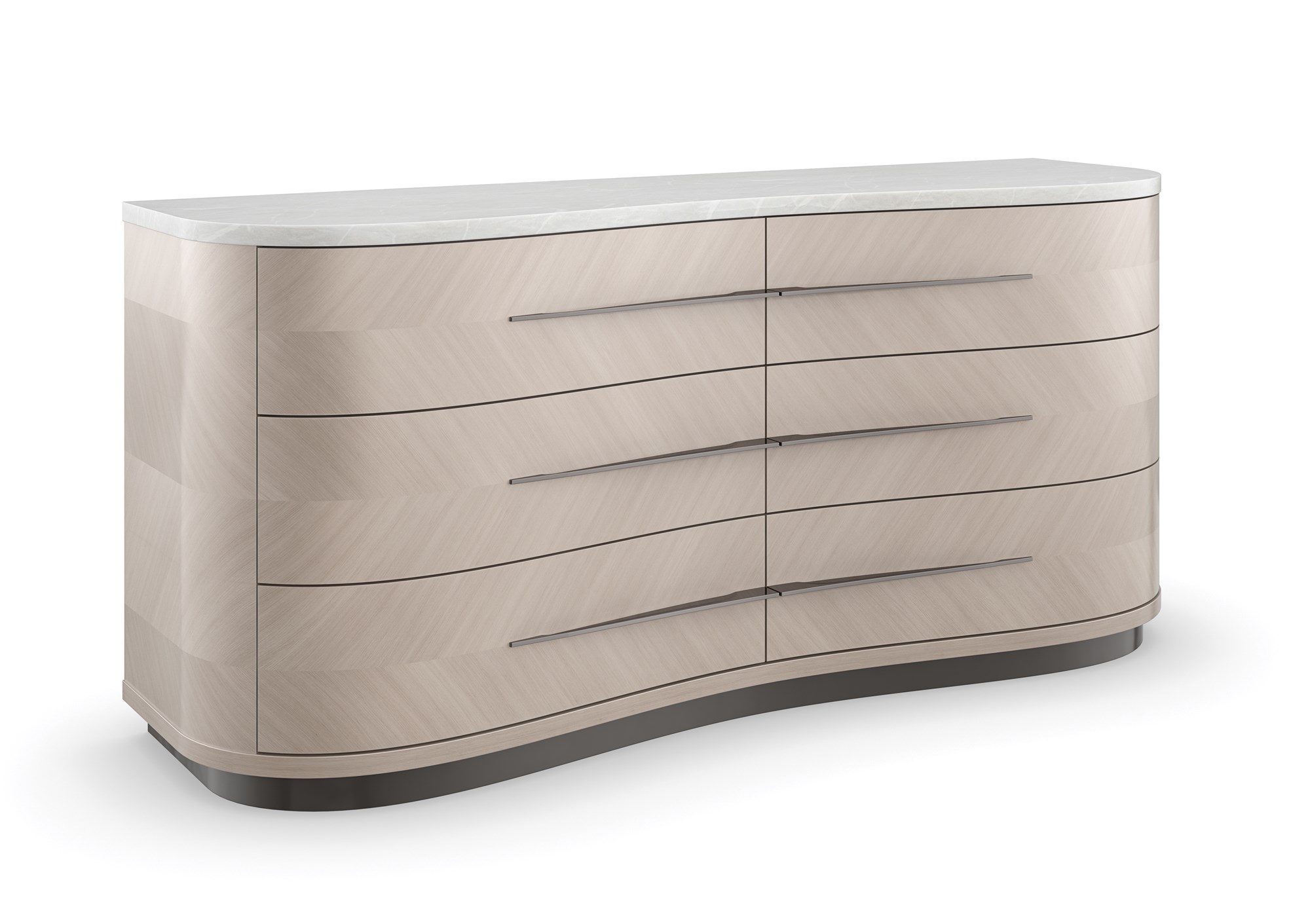 Silver Lining Dresser by Caracole — a 68″‑wide six‑drawer classic dresser in Almond Milk lacquer finish, featuring vinyl-wrapped drawer fronts with a soft blush Venetian silk hue, undulating brushed stainless-steel custom handles, recessed metal trim, soft‑close undermount guides, and UV‑lined linen interiors.