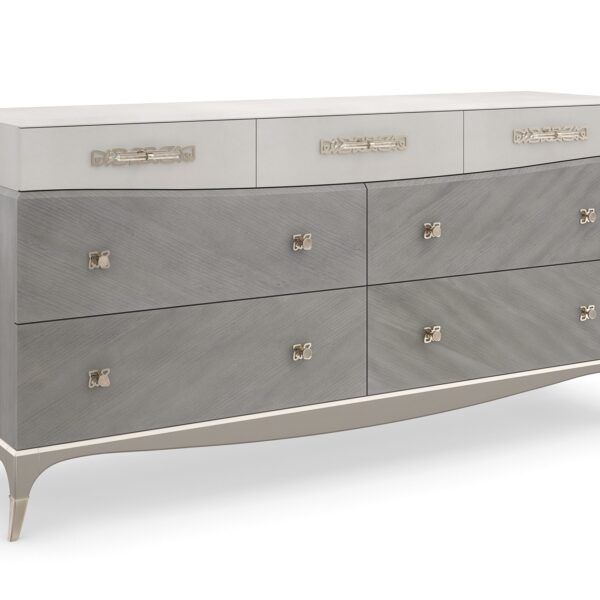 Tempo Dresser by Caracole — a 72″×36″ sculptural dresser topped with Alabaster‑painted faux shagreen, set above a Cappuccino‑finished Coffee Platano veneer case, featuring three shagreen‑front top drawers (outer ones felt‑lined, left with removable jewel tray), four lower Cappuccino drawers, bespoke ceramic‑inset hardware against Whisper‑of‑Gold backplates, outward‑curving legs with metal ferrules, and a Sparkling Argent base.