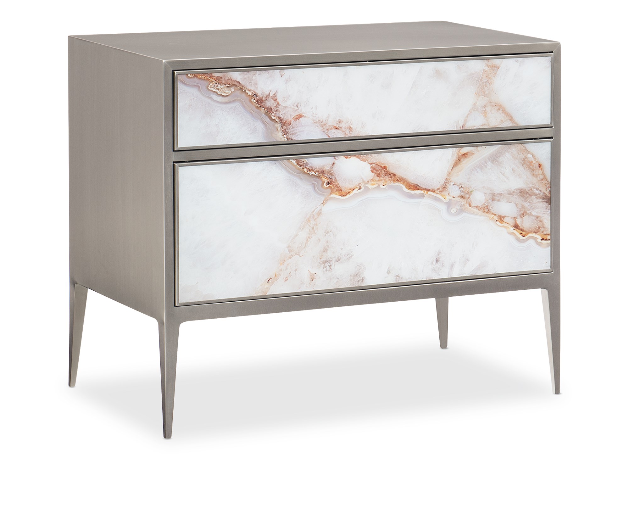 A Real Gem nightstand by Caracole — a 34″‑wide brushed‑nickel metal‐framed chest with two touch‑latch glass drawers painted in agate pattern, slim tapered legs, and a luminous pearl‑painted interior.