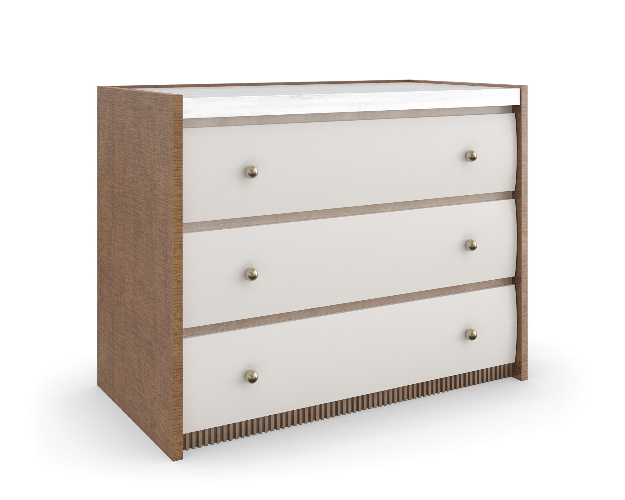 Caracole Avignon Nightstand — a 34″‑wide three‑drawer nightstand with tactile Rockport Burnished Adobe drawer fronts, topped with a striated white Guangxi/onyx stone surface, flanked by Toasted Sycamore end panels, adorned with antique‑bronze‑leaf dentil molding at the base, and brushed‑gold ball knobs on soft‑close undermount guides.
