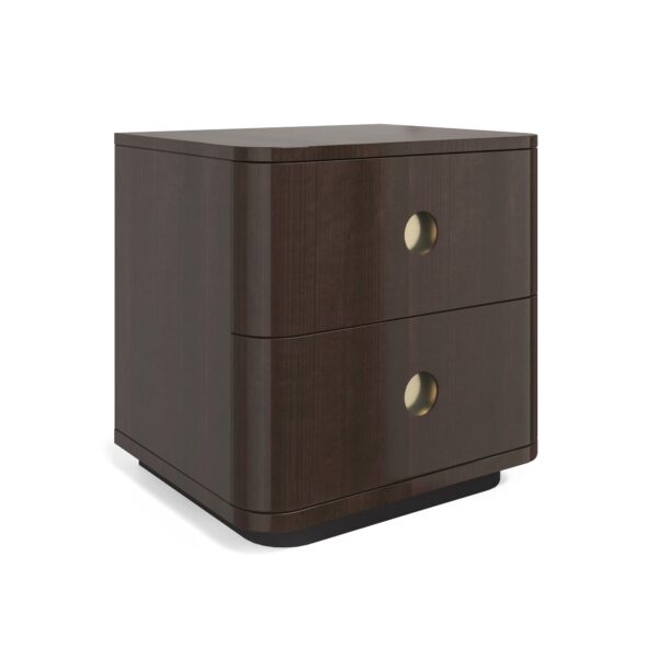 Bachelor Small Nightstand by Caracole — a 25″‑wide masculine bedside chest in high‑gloss Otter‑finish Tupelo veneer, with two softly rounded drawers featuring recessed Champagne‑Gold porthole pulls, soft‑closing side‑mount guides opening to deep UV‑Noir painted interiors, and a contrasting Dark‑Chocolate plinth base.