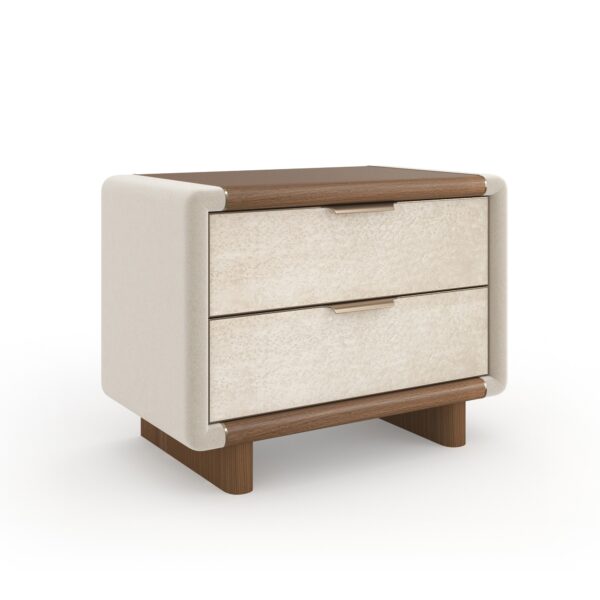 Botero Large Nightstand by Caracole — a 32″‑wide mixed‑media square nightstand with bullnose‑rounded edges, featuring a Retro Walnut top, base, and rounded plank legs; two generous smoked‑Birdseye Maple drawer fronts with swirling grain; stone‑tone micro‑suede wrapped ends; slender Brushed‑Gold metal trim and integrated bullnose‑curved pulls; and soft‑close drawers with UV‑Linen interiors.