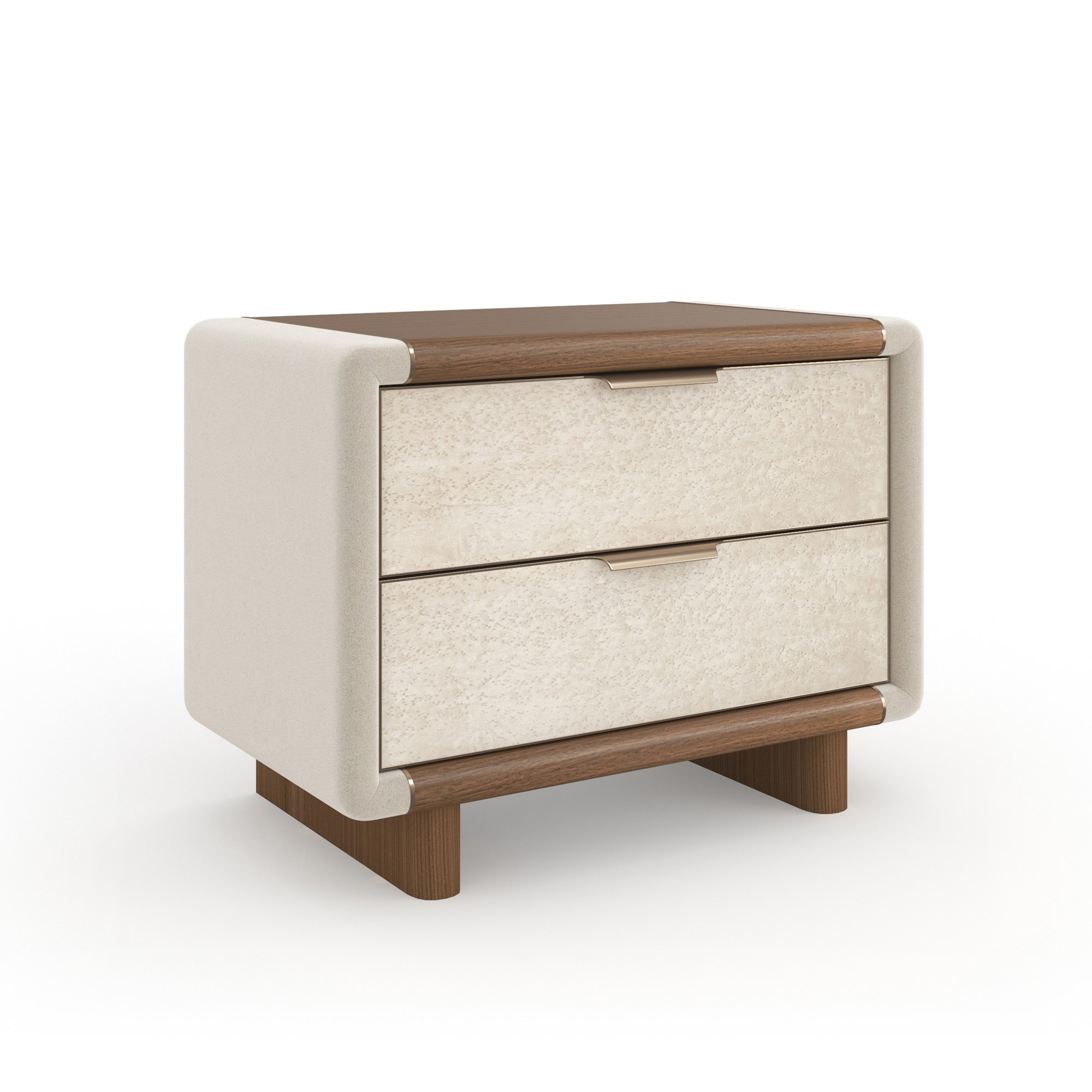 Botero Large Nightstand by Caracole — a 32″‑wide mixed‑media square nightstand with bullnose‑rounded edges, featuring a Retro Walnut top, base, and rounded plank legs; two generous smoked‑Birdseye Maple drawer fronts with swirling grain; stone‑tone micro‑suede wrapped ends; slender Brushed‑Gold metal trim and integrated bullnose‑curved pulls; and soft‑close drawers with UV‑Linen interiors.