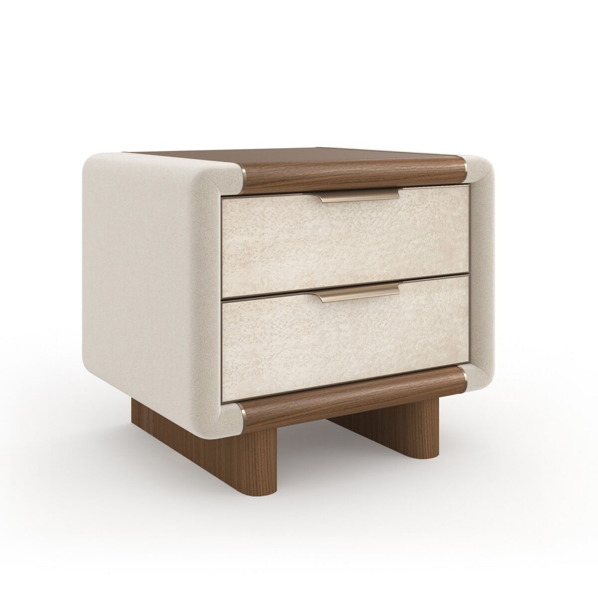 Botero Small Nightstand by Caracole — a compact 24″‑wide bedside chest with bullnose-rounded edges, featuring a Retro Walnut top and legs, a single smoked‑Birdseye Maple drawer front with swirling grain, stone‑tone micro‑suede–wrapped sides, slim Brushed‑Gold metal trim, integrated curved pull, and a soft‑close drawer with UV‑Linen–painted interior.