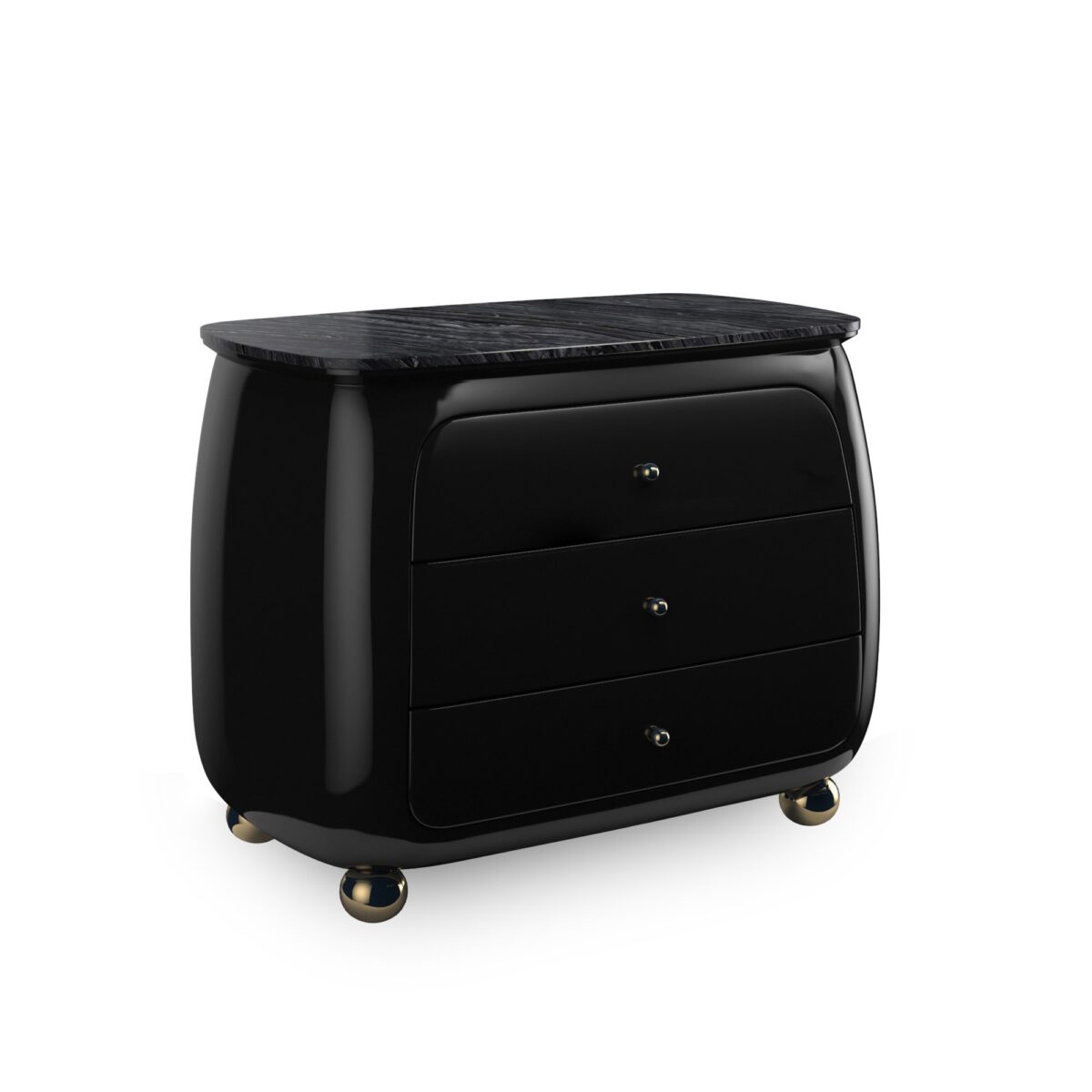 Cabochon Nightstand by Caracole — a 34″‑wide sculptural nightstand with a rounded Piano Black resin frame, featuring a flat Tree Black stone top with natural black and grey veining; three curved drawers with soft-close undermount guides and Piano Black interiors; Whisper of Gold spherical metal knobs and matching ball feet complete the luxurious design.