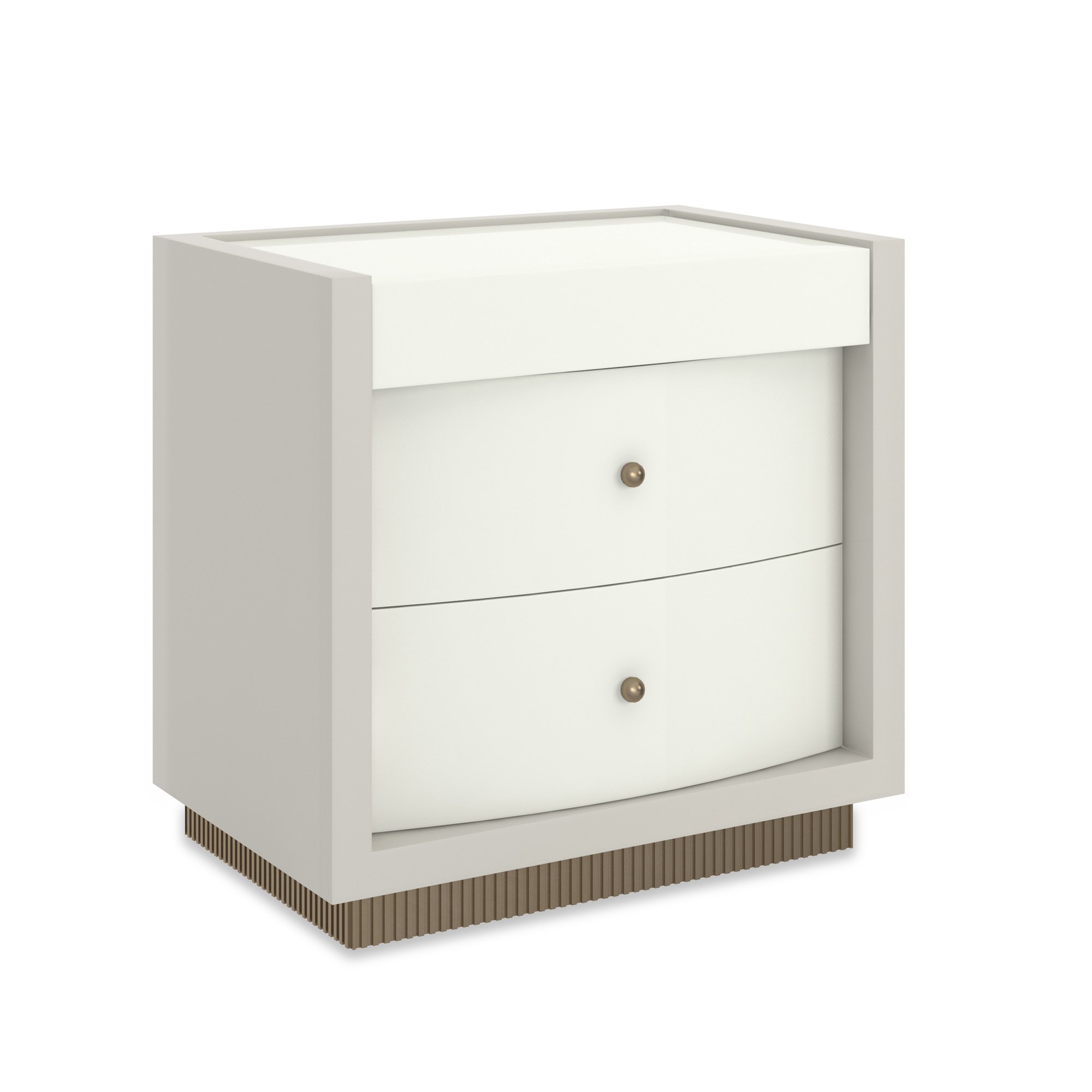Calais Nightstand by Caracole — a 28″‑wide nightstand featuring a square case in Rockport Burnished Adobe finish with a top in Almond Milk. It includes two bow-front drawers with soft-close undermount guides, small ball-pulls in Brushed Gold, and a reeded base finished in Antique Bronze Leaf. The drawer interiors are painted Almond Milk, and the piece offers hidden openings for power cords.