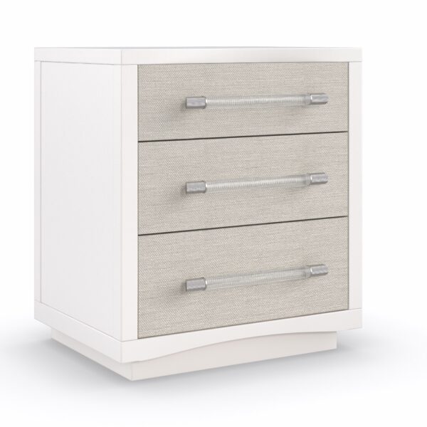 Moment of Clarity vanity by Caracole — a 48″‑wide console with a Soft Silver Leaf finish, featuring a lift-top with an interior mirror, silkscreen detailing on the top, and a front apron that drops down to provide a flat working surface. It stands on tapered round acrylic legs with ferrules in plated Whisper of Gold, and the interior is finished in Blanc.