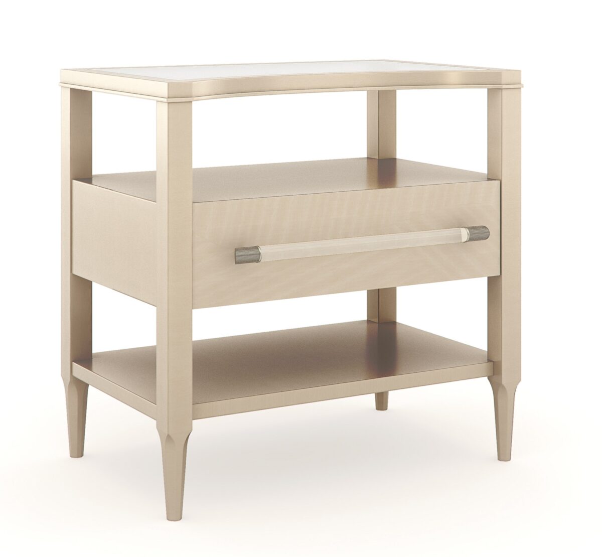 Clearly Open Nightstand by Caracole — a 24″‑wide modern nightstand featuring a frosted glass top with a crescent-shaped curve, supported by a Champagne Pearl–finished base. It includes a single soft-close drawer with a Natural Glow wood front, open storage above and below, and a clear acrylic pull rod capped in Satin Nickel.