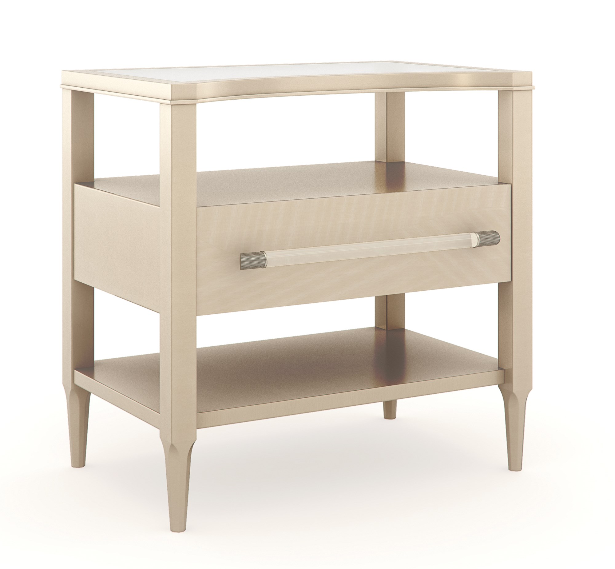 Clearly Open Nightstand by Caracole — a 24″‑wide modern nightstand featuring a frosted glass top with a crescent-shaped curve, supported by a Champagne Pearl–finished base. It includes a single soft-close drawer with a Natural Glow wood front, open storage above and below, and a clear acrylic pull rod capped in Satin Nickel.